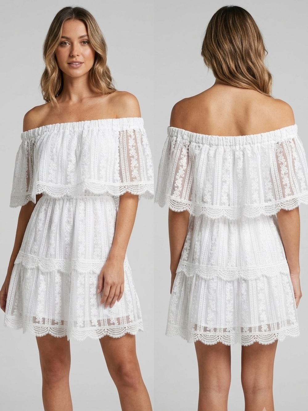 Boho Summer White Beach Sundress Sz S Lace Off the Shoulder Tiered Mini Romantic